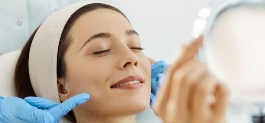 mujer feliz en consulta de medicina estética